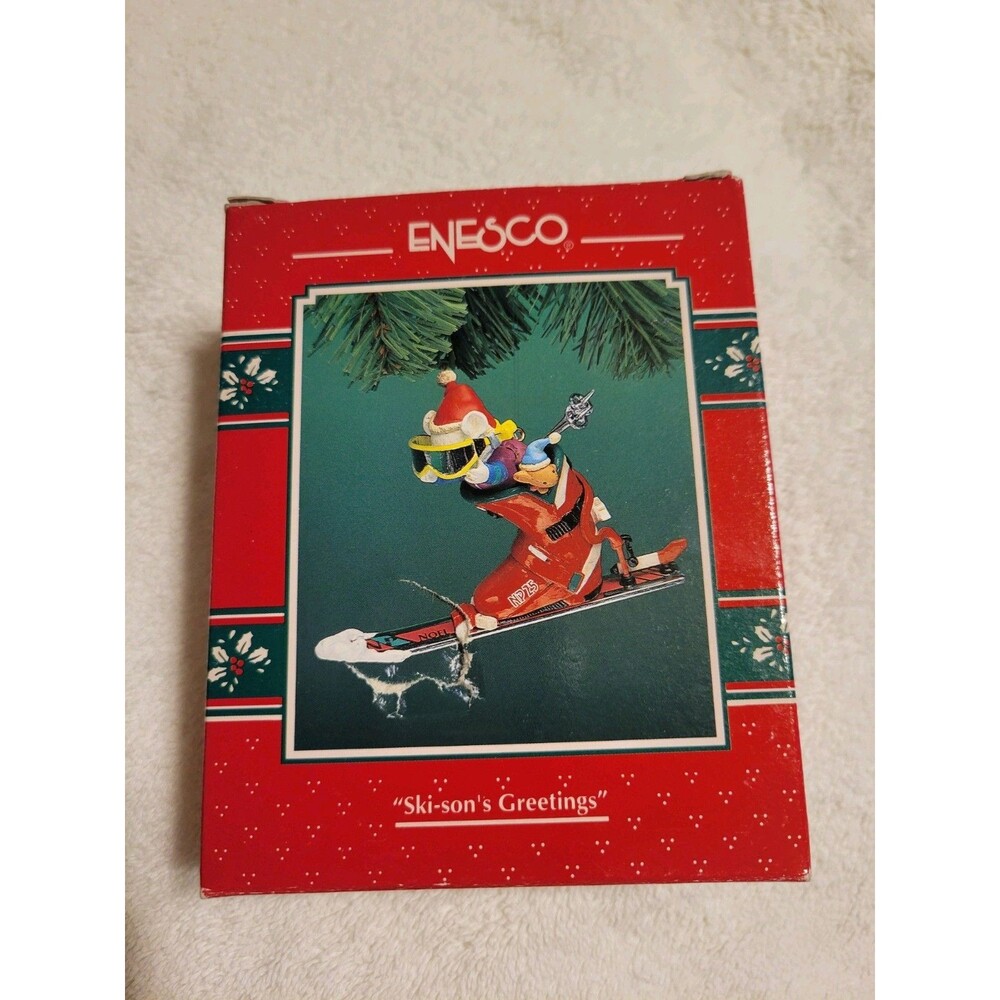 Vintage  Enesco  Christmas Hanging Ornament 1993 The  Ski- Son's Greeting